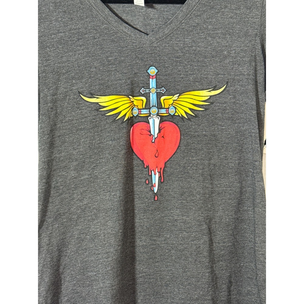 Bon Jovi Graphic T-Shirt‎ Charcoal Grey V-Neck Winged Dagger Heart Est 1983 New